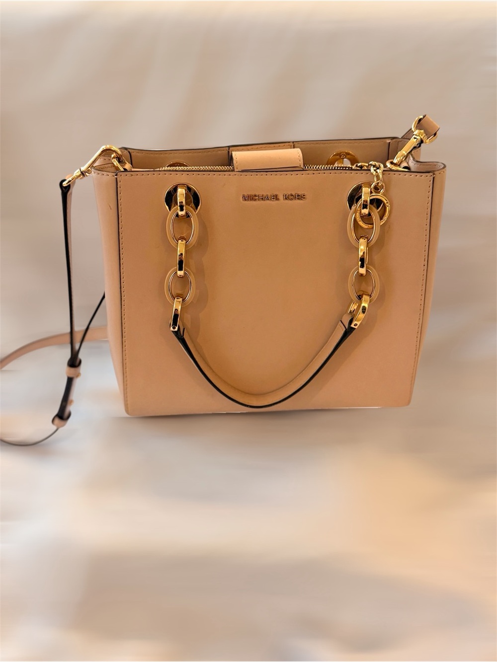 Michael Kors Nude Beige Leather Tote with Gold Chain Accents